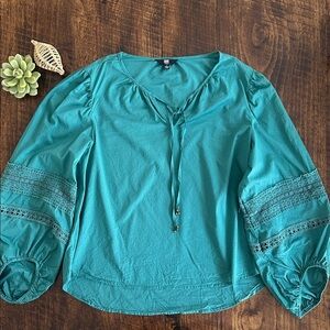 FRYE | Teal Cotton Boho Blouse with Lace Detail on Sleeves, Size L
